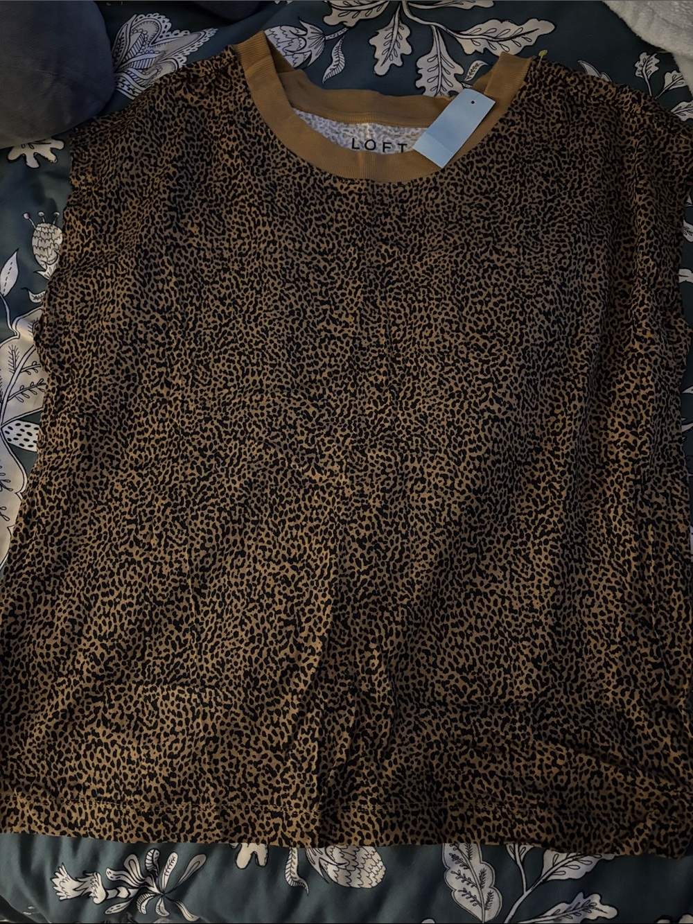 LOFT Brown Leopard Print Short Sleeve Tee with Tan Trim-size PM